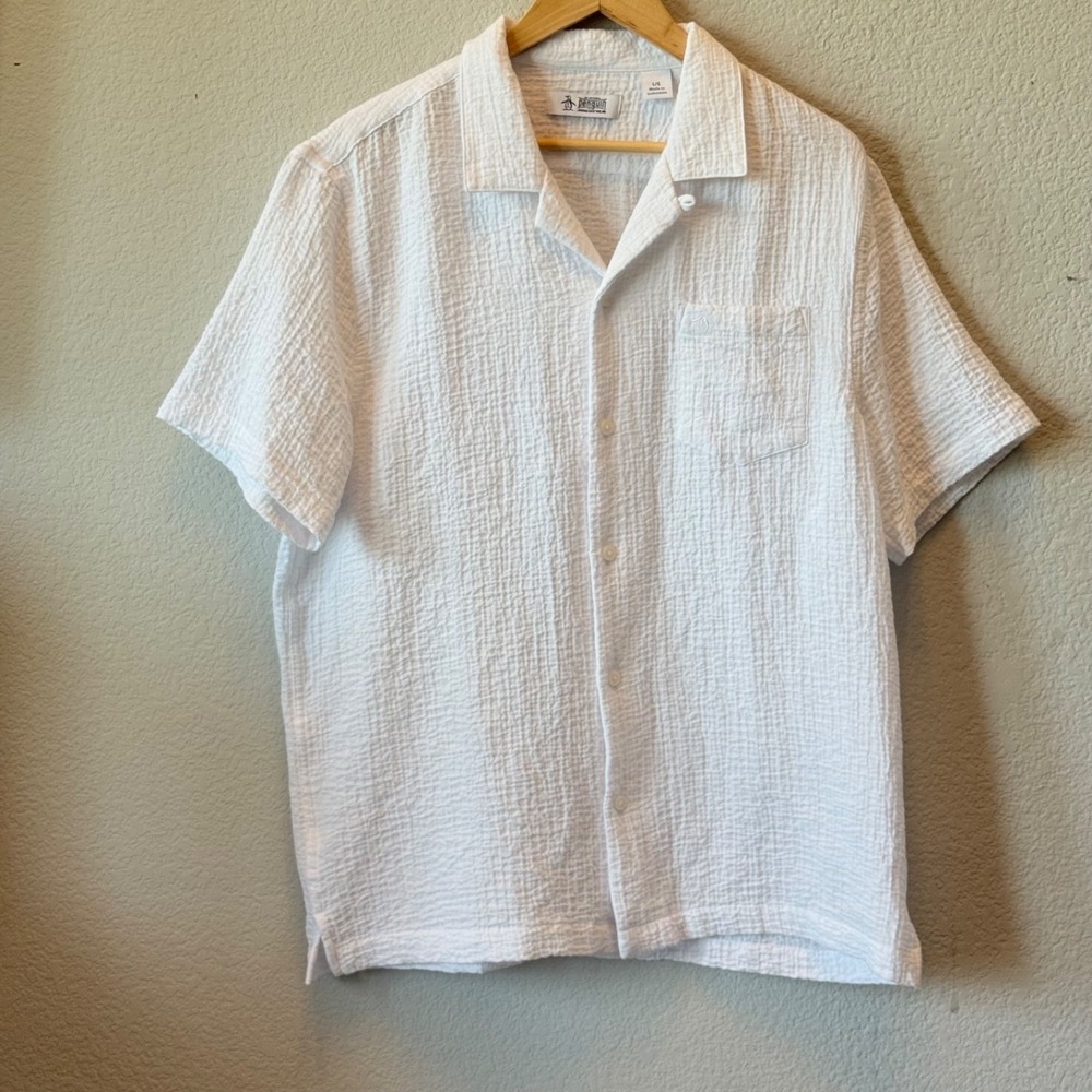 Original Penguin Mens Large Camp Shirt White Gauze Textured Short Sleeve Button